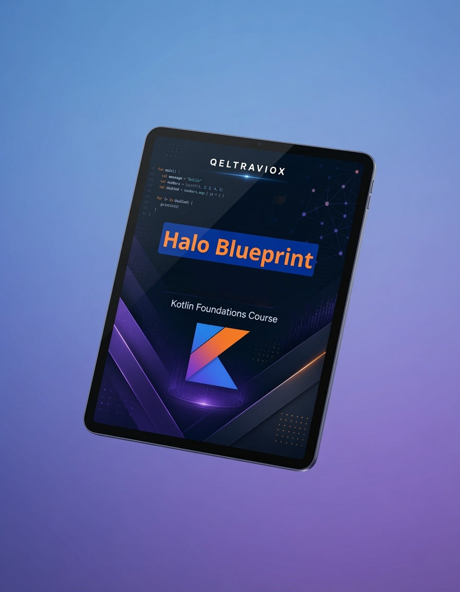 A tablet device shown at an angle against a blue-to-purple gradient background, displaying a course cover titled 'Halo Blueprint' with the Geltraviox name at the top.