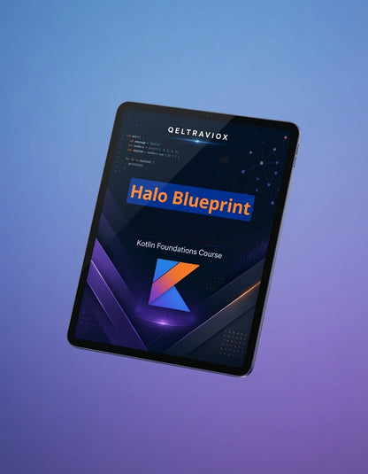 A tablet device shown at an angle against a blue-to-purple gradient background, displaying a course cover titled 'Halo Blueprint' with the Geltraviox name at the top.