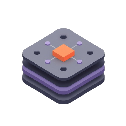 A stylized isometric illustration of stacked square plates in dark gray, purple, and navy, with a small orange cube in the center connected by thin lines to small purple circles, on a plain white background.