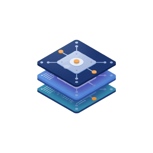 An isometric vector illustration of three stacked layered square plates in shades of blue, purple, and teal, with small orange circular accents, set against a solid white background.