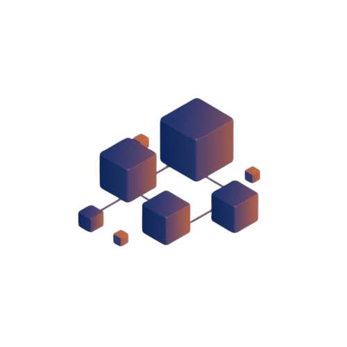 An isometric 3D graphic of connected cubes in a dark blue to purple gradient with small orange accents, set against a solid white background.