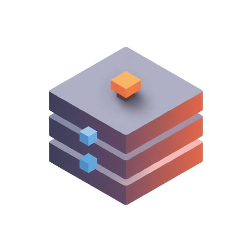 An isometric 3D block graphic showing a stack of three gray rectangular layers with orange-red side gradients, a small orange cube on top, and two small light blue cubes on the sides, isolated on a white background.