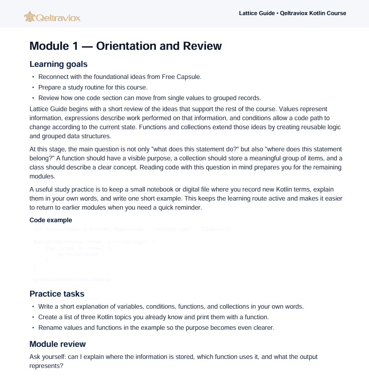 A digital preview page of a 'Lattice Guide - Deqvircon Kotlin Course' module titled 'Module 1 - Orientation and Review'. The page features black text on a white background with the 'Deqvircon' logo in the top left corner.