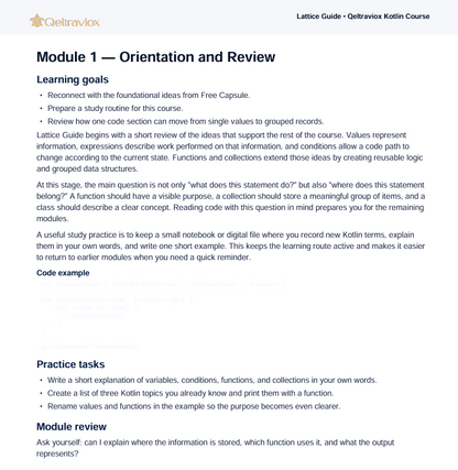 A digital preview page of a 'Lattice Guide - Deqvircon Kotlin Course' module titled 'Module 1 - Orientation and Review'. The page features black text on a white background with the 'Deqvircon' logo in the top left corner.