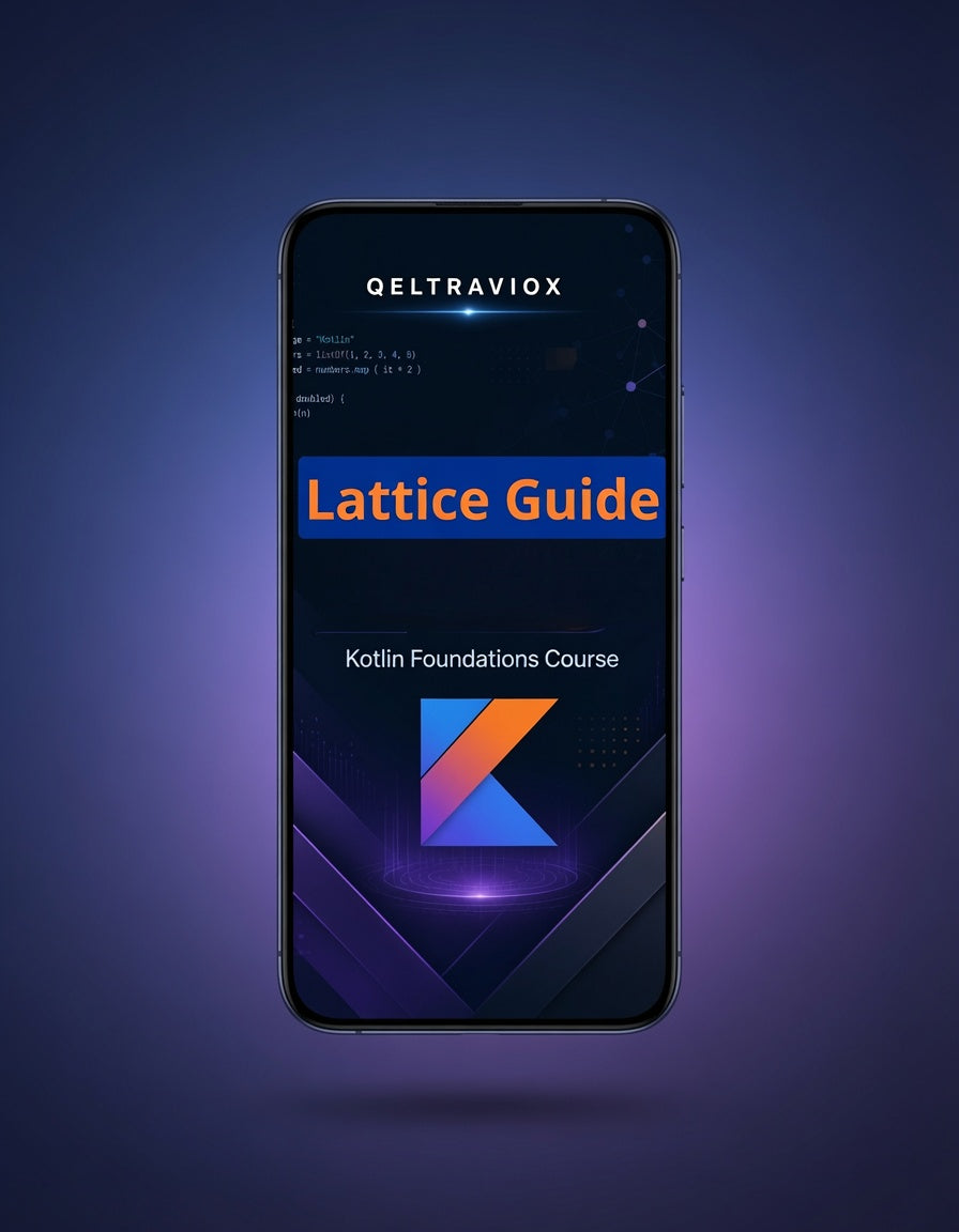 A smartphone centered on a dark blue-purple gradient background, displaying a course cover titled 'Lattice Guide' and 'Kotlin Foundations Course' with the QELTRAVIOX name at the top.