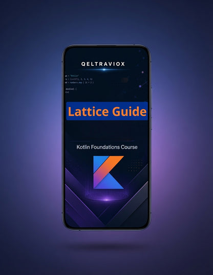 A smartphone centered on a dark blue-purple gradient background, displaying a course cover titled 'Lattice Guide' and 'Kotlin Foundations Course' with the QELTRAVIOX name at the top.