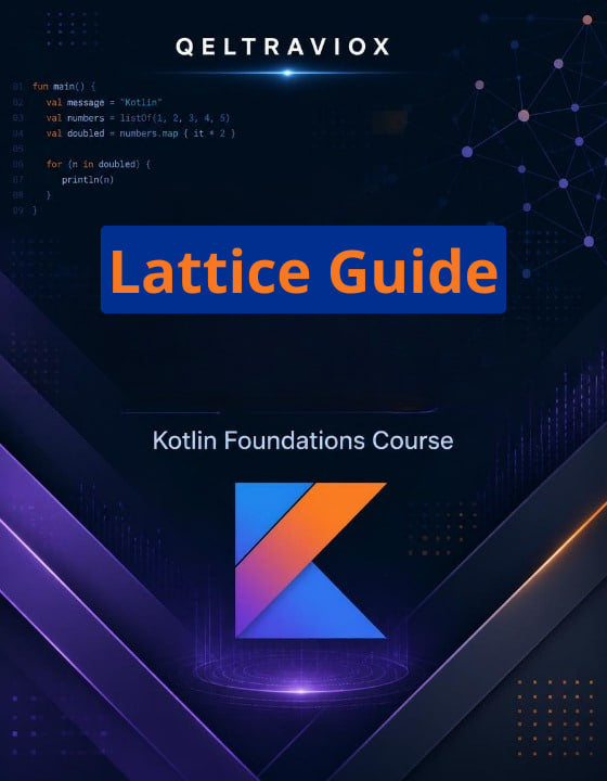 Digital cover graphic for a 'Lattice Guide' course by Qeltraviox, designed for Kotlin Foundations. The design features a dark navy and black background with glowing purple and orange geometric accents, a Kotlin logo, and a sample code snippet in the top left.