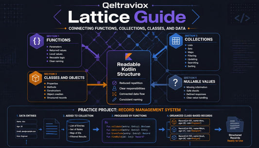A dark-themed Qeltraviox Lattice Guide infographic diagram outlining how to connect functions, collections, classes, and data using Kotlin structures, with sections on functions, collections, nullable values, and a practice project for a record management system.