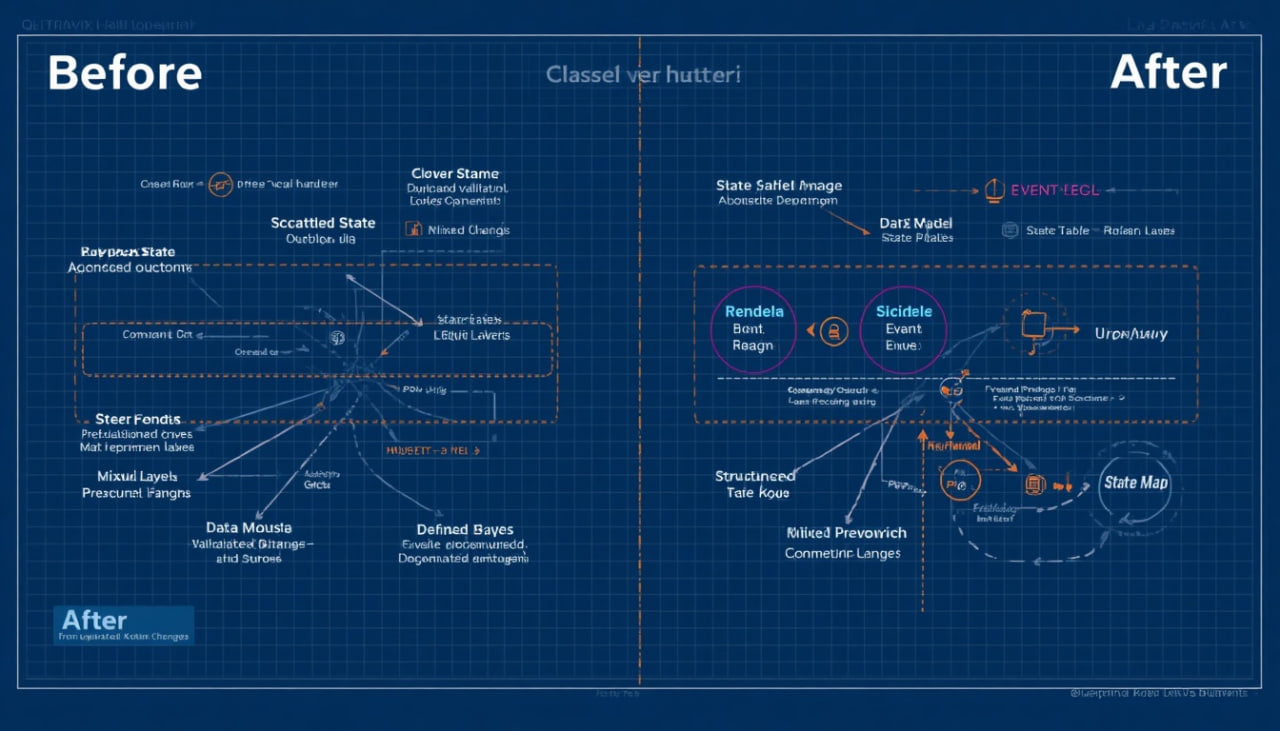 A blue blueprint-style comparison graphic labeled Before and After, showing a software architecture or database design diagram with labeled nodes and lines on a dark blue grid background.