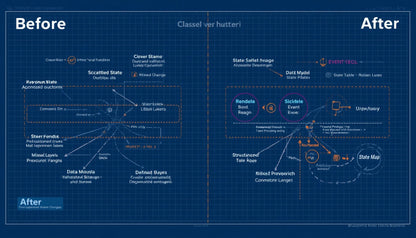 A blue blueprint-style comparison graphic labeled Before and After, showing a software architecture or database design diagram with labeled nodes and lines on a dark blue grid background.