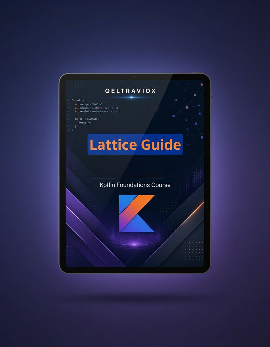 A tablet device centered on a dark purple background, displaying a course cover titled 'Lattice Guide' and 'Kotlin Foundations Course' with the QELTRAVIOX name at the top.