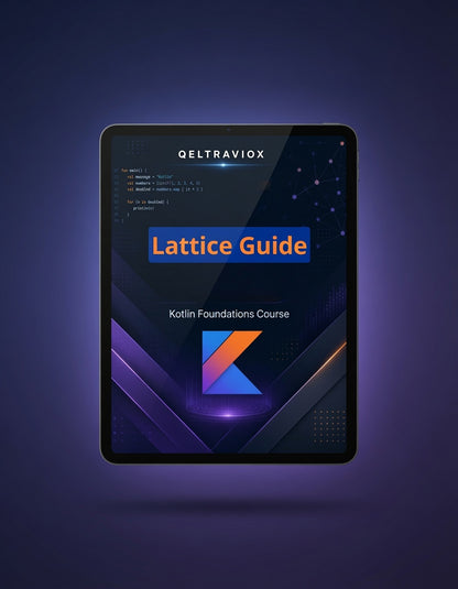 A tablet device centered on a dark purple background, displaying a course cover titled 'Lattice Guide' and 'Kotlin Foundations Course' with the QELTRAVIOX name at the top.