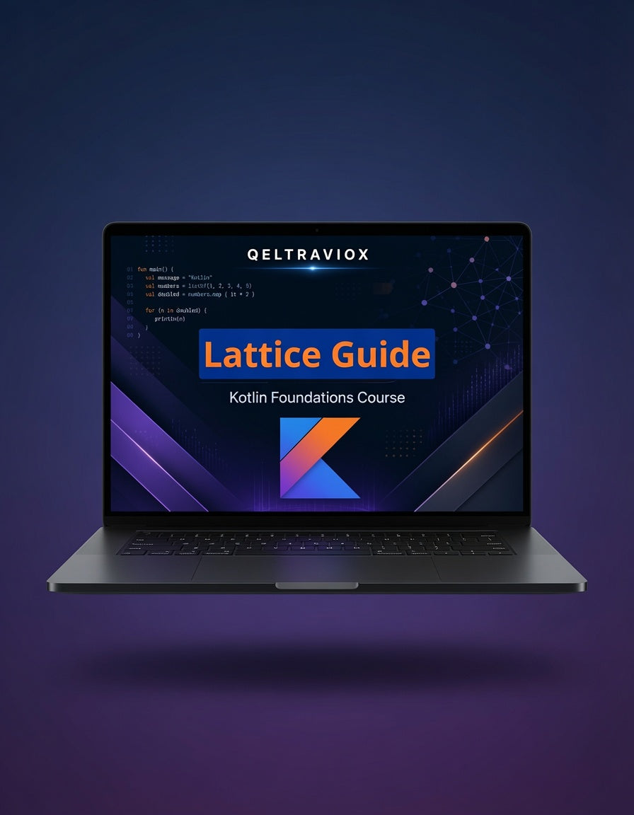 A silver laptop floating against a dark blue and purple gradient background, displaying a course screen titled 'Lattice Guide' and 'Kotlin Foundations Course' with the QELTRAVIOX name at the top.