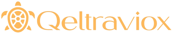 The logo for Qeltraviox, featuring an orange stylized turtle shell on the left and the brand name in a flowing orange font on a plain white background.