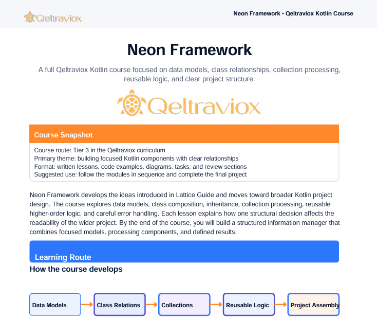 A digital course overview page for the 'Neon Framework' module of the 'Queltravox Kotlin Course'. The page features the Queltravox logo, a course description, a course snapshot highlighted in orange, a learning route diagram highlighted in blue, and a final project flowchart at the bottom.