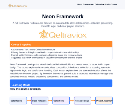 A digital course overview page for the 'Neon Framework' module of the 'Queltravox Kotlin Course'. The page features the Queltravox logo, a course description, a course snapshot highlighted in orange, a learning route diagram highlighted in blue, and a final project flowchart at the bottom.