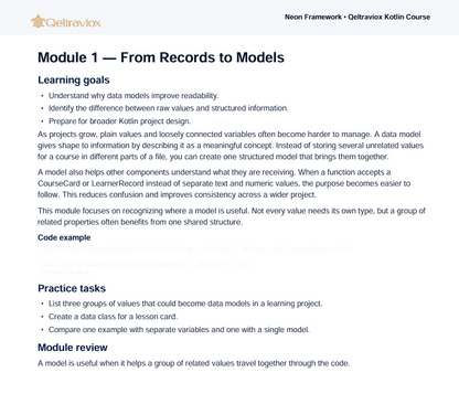 A text-based educational document page titled 'Module 1 — From Records to Models' with the Gelltravox logo at the top left and a subtitle 'Neon Framework • Gelltravox Kotlin Course.' The page includes learning goals, practice tasks, and module review text on a white background.