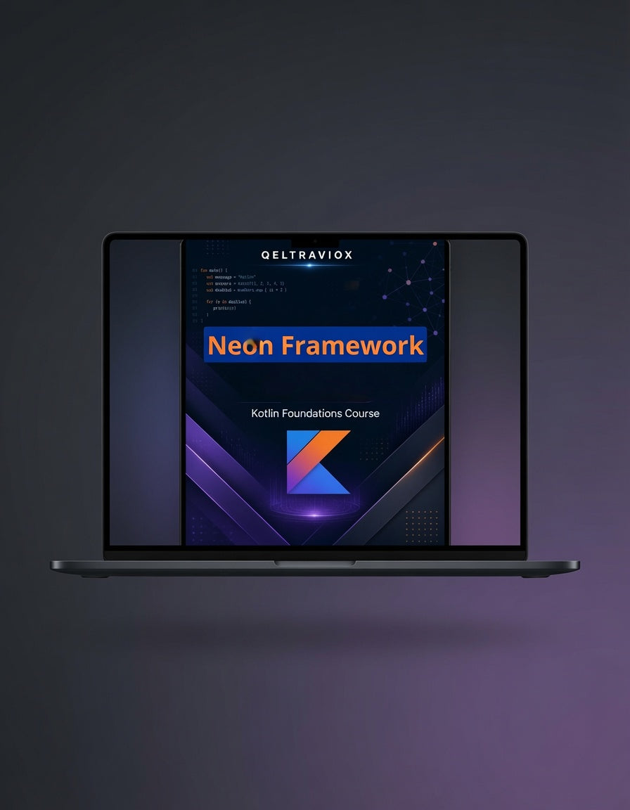 A laptop on a dark studio background displaying a course cover for 'Neon Framework' from Geltraviox, featuring a dark purple and blue design with orange and white text.