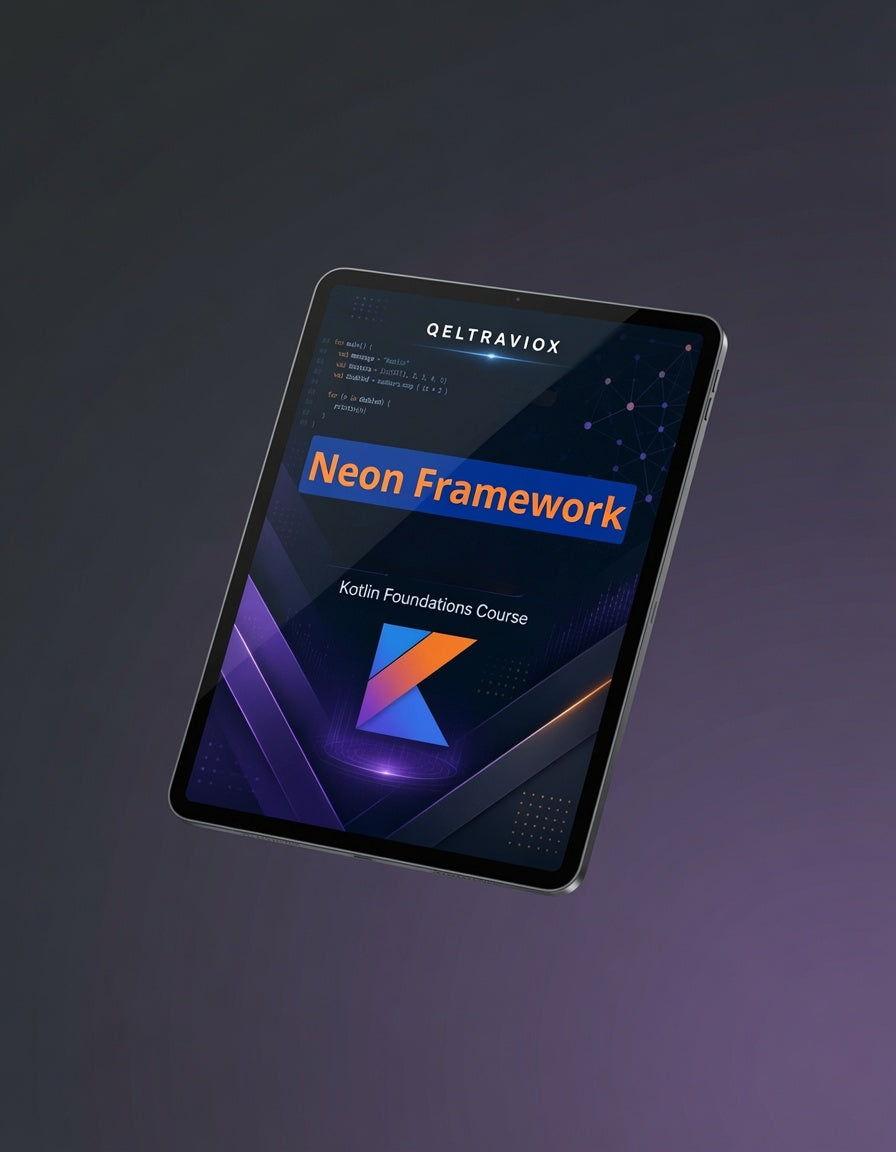 A tablet device shown at an angle against a dark gradient background, displaying the cover art for the 'Neon Framework' Kotlin Foundations Course by Oeltraviox.