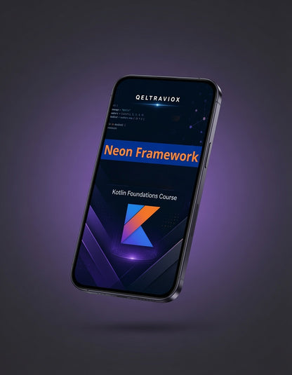 A smartphone shown at an angle against a dark purple gradient background, displaying a course interface for 'Neon Framework' from 'Qeltraviox' with a blue and orange logo.