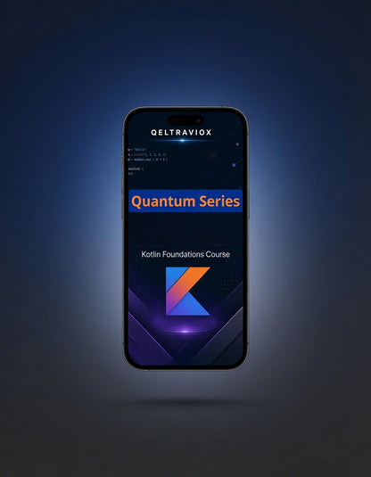 A smartphone centered on a dark blue gradient background, displaying a course cover for 'QELTRAVIOX Quantum Series Kotlin Foundations Course' with a stylized orange and blue 'K' logo.