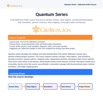 A text-heavy promotional page for the Quantum Series course by Gettraviox, with course description, course snapshot, and a learning route flowchart on a white background.