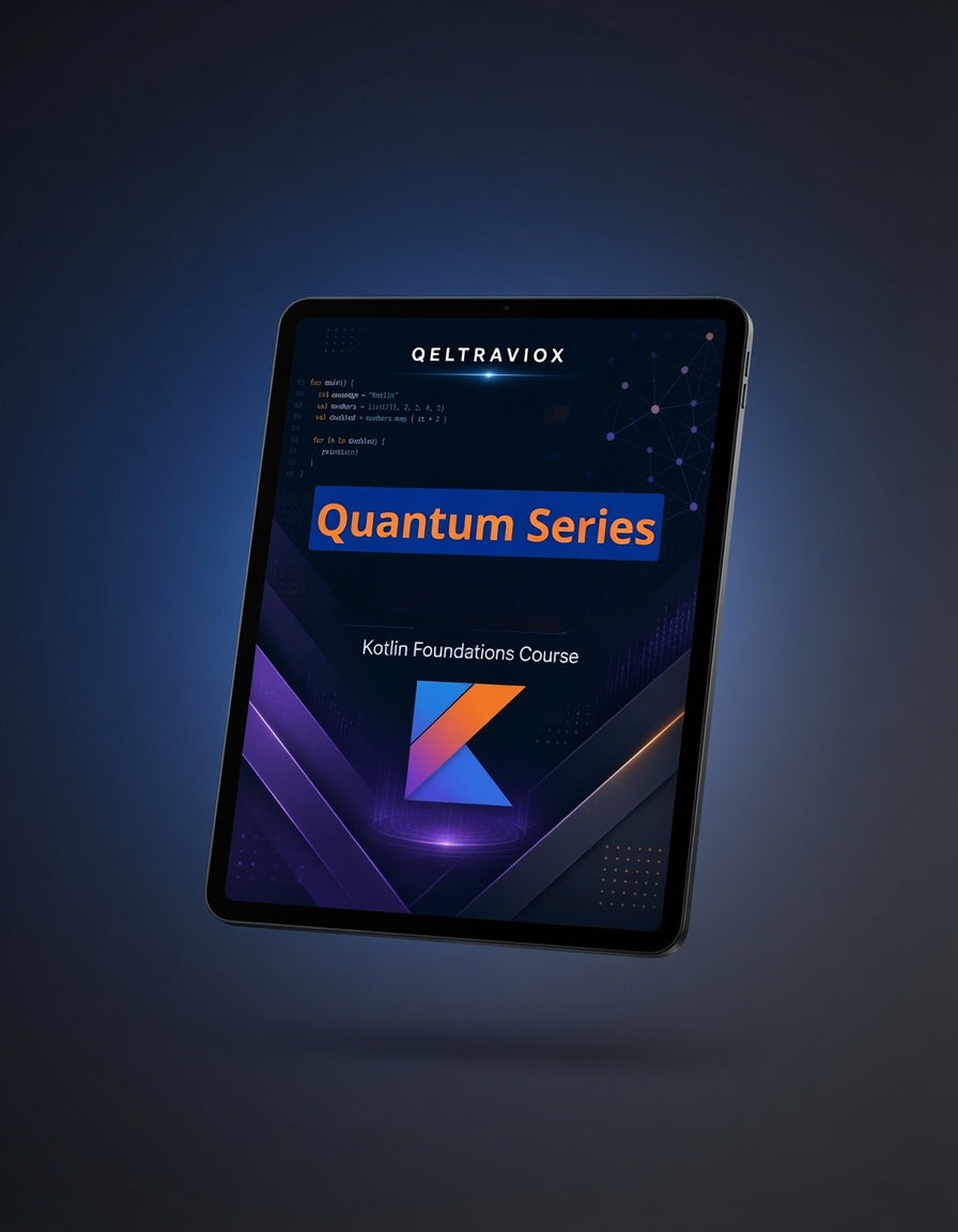 A tablet device shown at an angle against a dark blue gradient background, displaying a course cover titled 'Quantum Series' and 'Kotlin Foundations Course' with the brand name 'QELTRAVIOX' visible at the top.