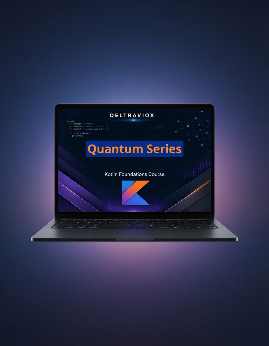 A dark gray laptop centered on a blue gradient background, displaying a course screen titled 'Quantum Series' with the Qeltraviox logo and 'Kathin Foundations Course' text.