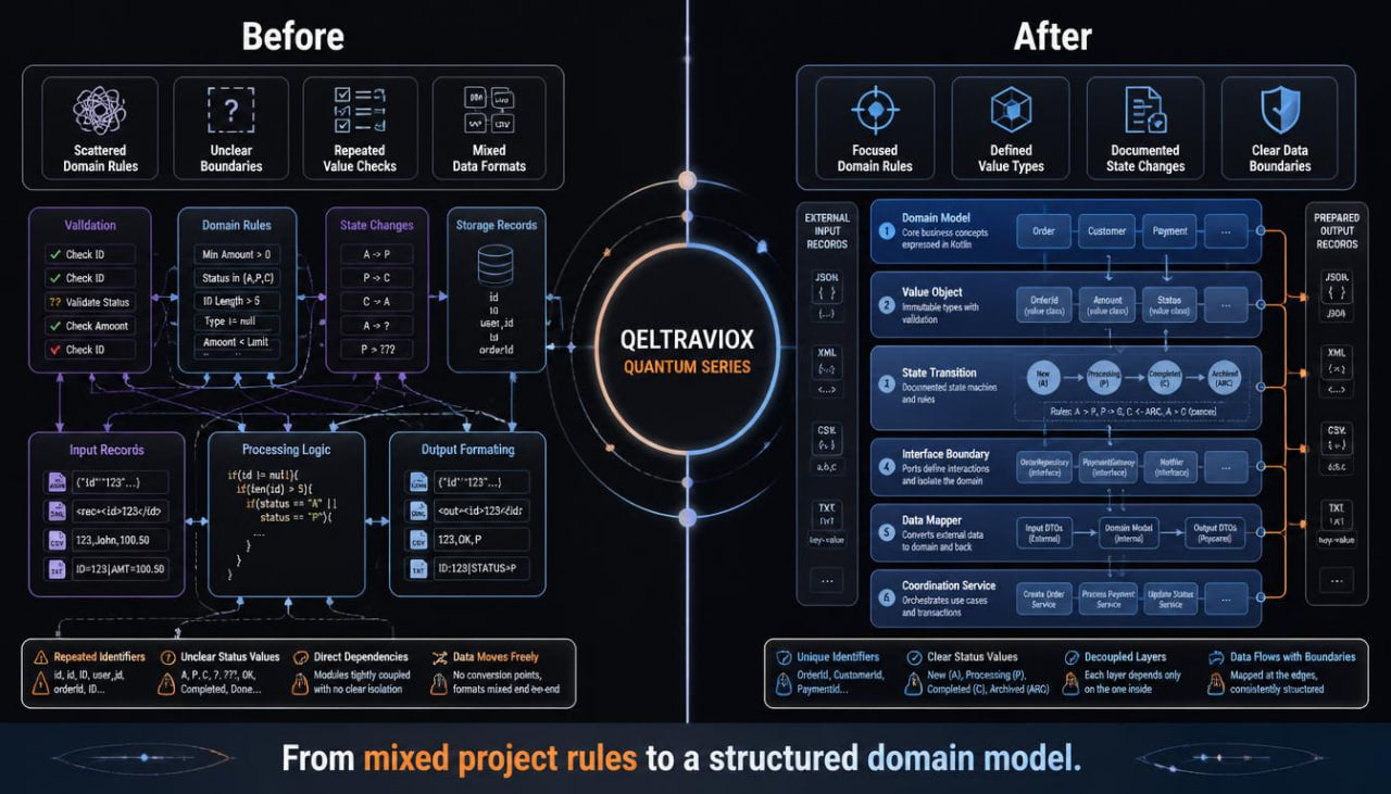 A dark promotional infographic comparing a 'Before' state on the left and an 'After' state on the right, centered around the text 'QELTRAVIOX QUANTUM SERIES'. The graphic uses a flowchart and diagram layout with glowing blue lines and boxes on a black background, with a subtitle at the bottom reading 'From mixed project rules to a structured domain model.