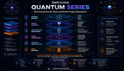 A dark-themed technical infographic titled 'Gettraviox QUANTUM SERIES' with layered architecture diagrams, glowing circular nodes, and multiple panels of text and icons related to domain rules, Kotlin project boundaries, and system components.