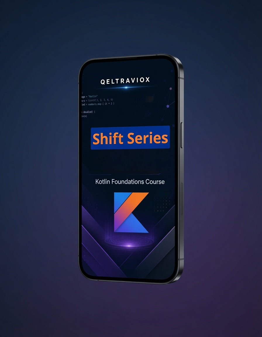 A smartphone shown upright against a dark blue-to-purple gradient background, displaying a course screen for QELTRAVIOX Shift Series Kotlin Foundations Course with a colorful K logo.