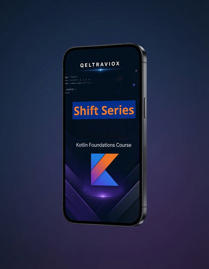 A smartphone shown upright against a dark blue-to-purple gradient background, displaying a course screen for QELTRAVIOX Shift Series Kotlin Foundations Course with a colorful K logo.