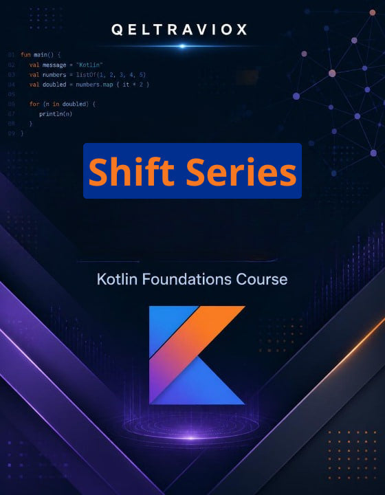 Promotional graphic for the Qeltraviox 'Shift Series' Kotlin Foundations Course, featuring a dark blue and purple digital background with a stylized orange and blue 'K' logo and code snippet text.