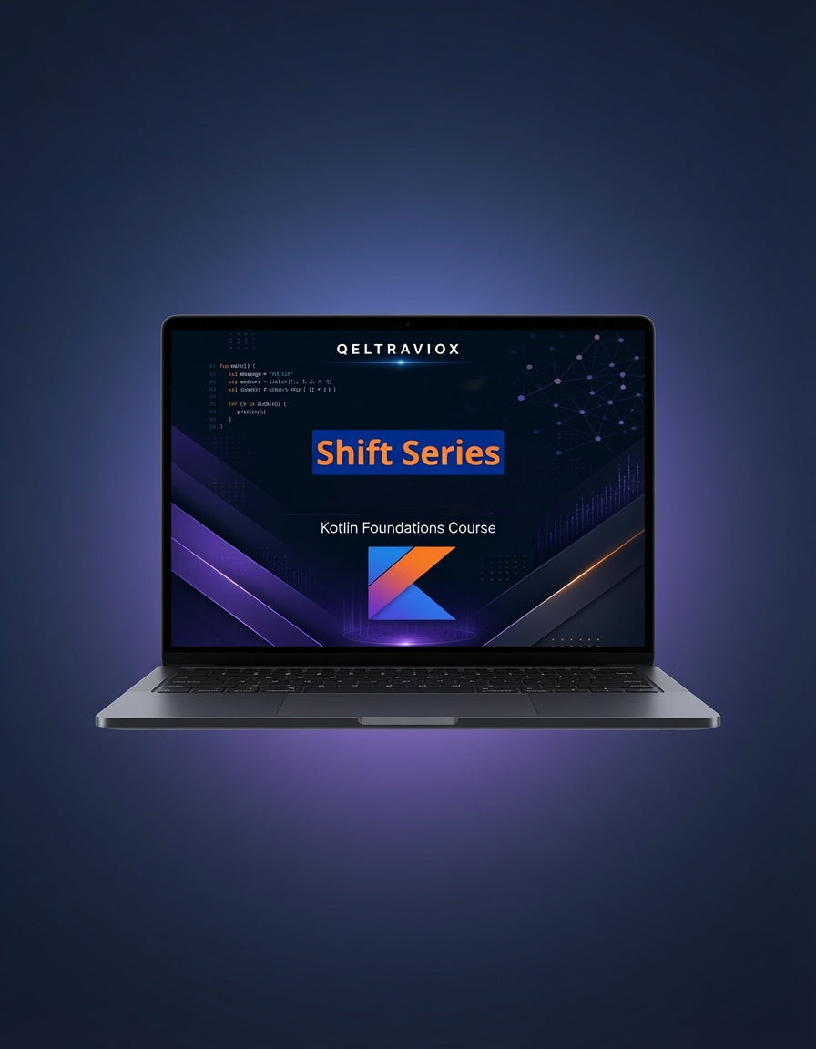 A silver laptop centered on a dark blue gradient background, displaying a screen with the GELTRAVIOX logo and the text 'Shift Series' and 'Kuth Foundations Course'.