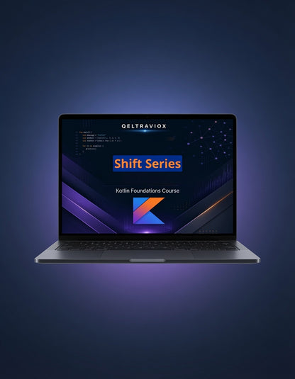 A silver laptop centered on a dark blue gradient background, displaying a screen with the GELTRAVIOX logo and the text 'Shift Series' and 'Kuth Foundations Course'.