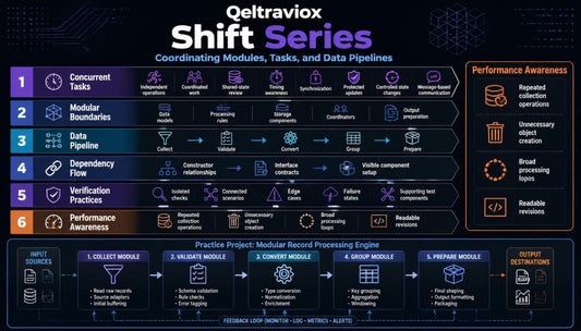 A digital infographic titled 'Qeltraviox Shift Series' detailing a 6-step process for coordinating modules, tasks, and data pipelines, presented on a dark blue and black background with orange and white text and icons.