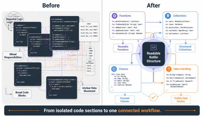 A before-and-after infographic comparing code organization, with the left side labeled 'Before' showing isolated code snippets and the right side labeled 'After' showing a connected workflow around reusable functions, collections, classes, and value handling. The design uses a white background with blue, purple, and orange callout boxes and a dark navy header and footer banner.