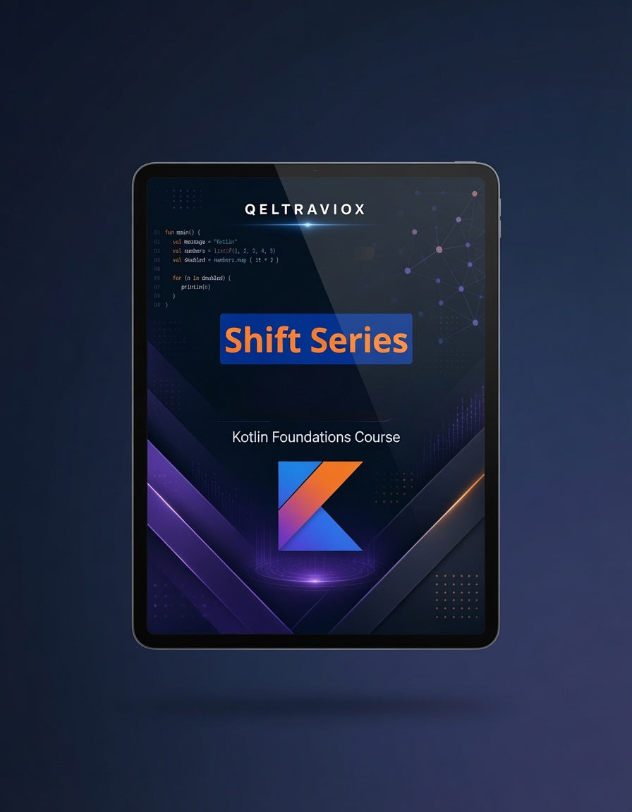 A tablet device centered on a dark blue background, displaying a course cover for 'QELTRAVIOX Shift Series Kolin Foundations Course' with purple, blue, and orange graphics.