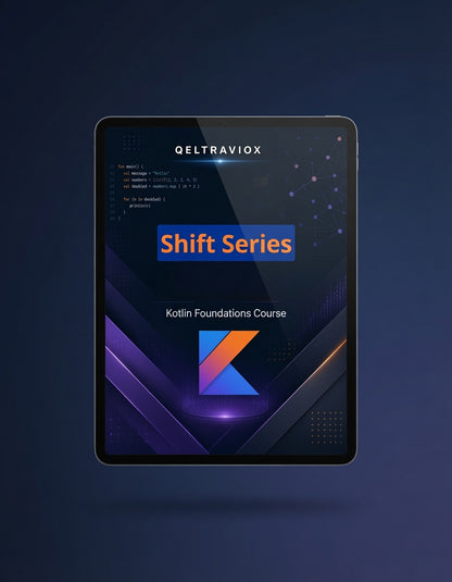 A tablet device centered on a dark blue background, displaying a course cover for 'QELTRAVIOX Shift Series Kolin Foundations Course' with purple, blue, and orange graphics.