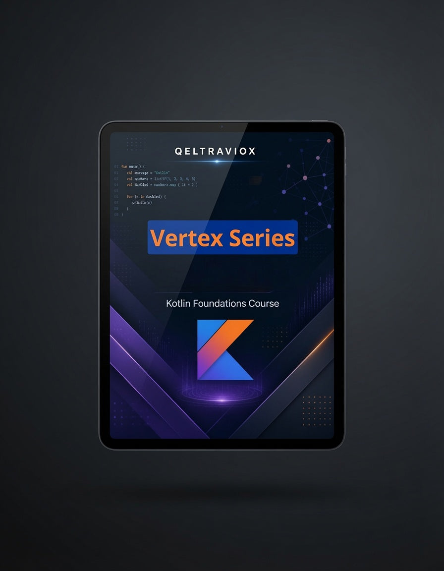 A tablet device centered on a dark gray background, displaying a course cover for 'QELTRAVIOX Vertex Series Kotlin Foundations Course' with purple, blue, and orange graphics.