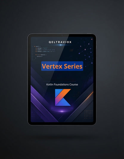 A tablet device centered on a dark gray background, displaying a course cover for 'QELTRAVIOX Vertex Series Kotlin Foundations Course' with purple, blue, and orange graphics.