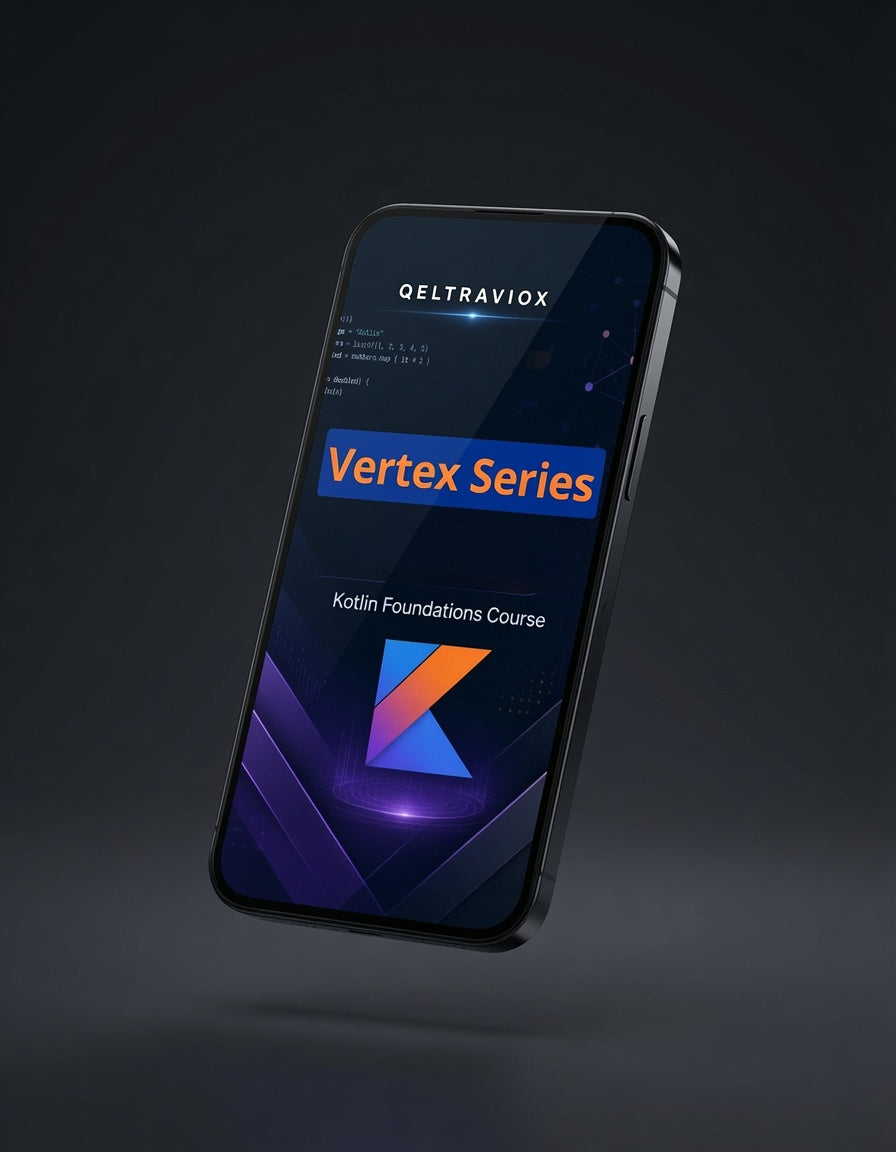 A black smartphone floating at an angle against a dark gray background, displaying a course interface for 'OELTRAVIOX Vertex Series Kotlin Foundations Course' with a blue and orange logo.
