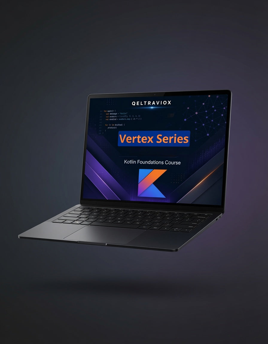 A dark gray laptop floating against a dark gradient background, displaying a course screen titled 'Vertex Series' and 'Koffin Foundations Course' on the screen.