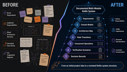 A before-and-after infographic comparing an unstructured project workflow on the left labeled 'BEFORE' with a structured multi-module Kotlin system on the right labeled 'AFTER'. The right side shows a numbered architecture roadmap from requirements to decision records, with icons and text such as 'Defined Responsibilities', 'Domain Models', 'Architecture Map', and 'State Transitions'